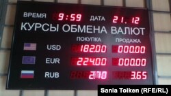 Ақтаудағы валюта айырбастау пунктінің біріндегі таблода доллар болмағандықтан, оның сатылу бағасы көрсетілмеген. Ақтау, 21 желтоқсан 2014 жыл.  