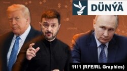 ABŞ-nyň prezidenti Donald Tramp (çepde), Ukrainanyň prezidenti Wolodymyr Zelenski (ortada) we Russiýanyň prezidenti Wladimir Putin (sagda)