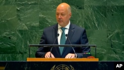 Премиерът Росен Желязков по време на речта си пред Общото събрание на ООН, 26 септември 2025 г.