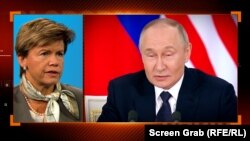 Интервью с министром иностранных дел Латвии Байбой Бразе (слева). Скриншот видео