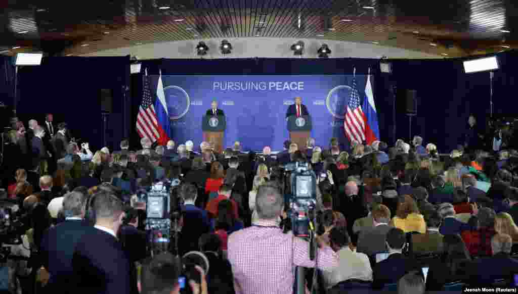 Спільна прес-конференція президентів США і Росії після участі в американо-російському саміті з питань України в Анкориджі, Аляска, 15 серпня 2025 року