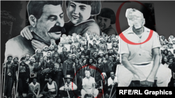 Коллаж. Сталин, артековцы и вожатые лагеря «Артек». На фото стерто лицо у вожатого Николая Кротова, обвиняемого в покушении на главу правительства СССР Молотова