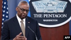 U.S. Defense Minister Lloyd Austin speaks during a press conference after concluding the Ukraine Defense Contact Group at the Pentagon in Washington, D.C., on April 26.