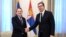 EU enlargement commissioner Oliver Varhelyi (left) met with Serbian President Aleksandar Vucic in Belgrade. 