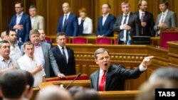 Лідер «Радикальної партії» Олег Ляшко (посередині) під час виступу у Верховній Раді. Київ, 16 липня 2015 року
