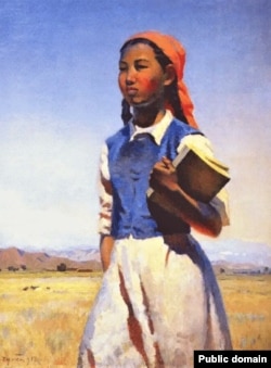 Семён Чуйковдун (1902—1980) "Советтик Кыргызстандын кызы" сүрөтү, 1948, 1950. Мында Орто-Сай кыштагынын тургуну Айжамал Өгөбаева китеп кармап тартылган.