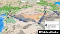 نقشه منتشرشده از سوی وزارت دفاع روسیه در مورد مسیرهای غیرقانونی نفت که روسیه ترکیه را متهم به استفاده از آن می‌کند