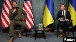 White House national-security adviser Sullivan (left) and the head of Ukraine's Presidential Office, Andriy Yermak, attend a news briefing in Kyiv on November 4. 