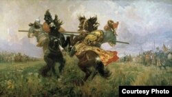 Куликово сугышын тасвилаучы "Пересвет һәм Челубей алышы" рәсеме, Михаил Авилов, 1943