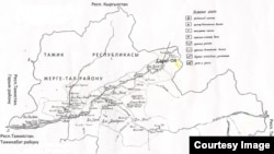 Тажикстандын Жерге-Тал (азыркы Лахш) районунун кыргызча картасы. Бул район, коңшу Мургап району менен биргеликте, 1925-жылдын 2-январына чейин Кара-Кыргыз автоном районуна таандык болгон.