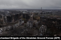 An aerial view of destroyed buildings in Kostyantynivka in the Donetsk region on November 12