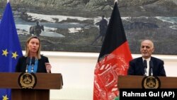 European Union foreign-policy chief Federica Mogherini (left) speaks during a press conference with Afghan President Ashraf Ghani at the presidential palace in Kabul on March 26.
