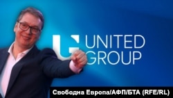 Президентът на Сърбия Александър Вучич на фона на логото на United Group. Колаж: Свободна Европа