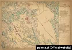 Схема розташування сил супротивників перед Хотинською битвою 1621 року. Навпроти турецького війська, яке переважає чисельністю, сили запорозьких козаків і поляків (вони у приблизно в однаковій пропорції щодо чисельності воїнів)