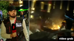 ფოტოკოლაჟი: საზოგადოებრივი მაუწყებლის პირველი არხის ჟურნალისტი შალვა სუმბაძე და მისთვის გაურკვეველი სითხის შესხმის ეპიზოდი