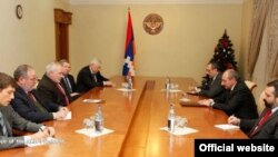 Nagorno Karabakh - Bako Sahakian (R, C), president of Nagorno Karabakh, receives OSCE Minsk Group co-chairs, Stepanakert,17Dec2013.