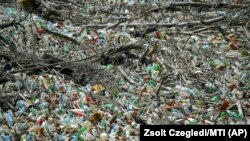 Тонни пластику поблизу гідроелектростанції на річці Тиса в Угорщині, червень 2019 роаку