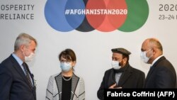 Special Representative of the UN Afghanistan envoy Deborah Lyons, Afghan Economy Minister Abdul Hadi Arghandiwal, and Afghan Foreign Minister Mohammad Hanif Atmar at the donors' conference in Geneva on November 24. 
