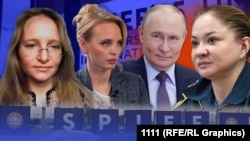 Катерина Тихонова, Мария Воронцова, Владимир Путин, дочь Шойгу Ксения(слева направо). Коллаж