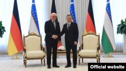 German President Frank-Walter Steinmeier (left) and Uzbek President Shavkat Mirziyoev meet in Tashkent on May 28.