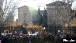 Armenia - Hundreds of people demonstrate against a controversial pension reform outside the parliament building, Yerevan,04Dec2013
