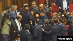 Armenia - Lawmakers brawl in the Armenian parliament, Yerevan, April 22, 2025.