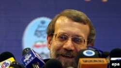 علی لاریجانی در نشست خبری دیروز خود در تهران (عکس: epa)