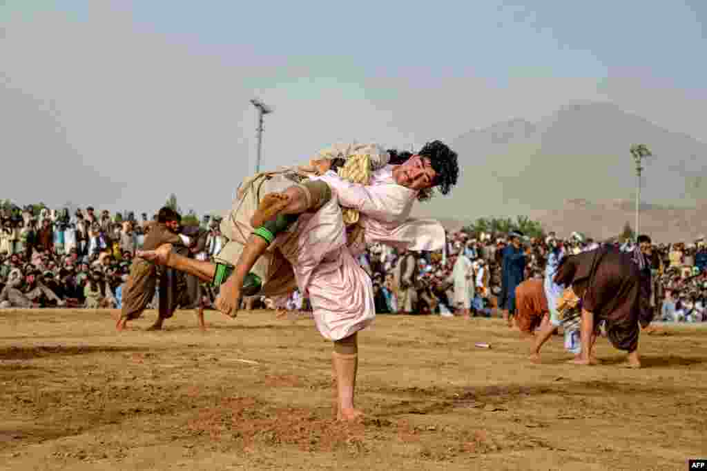 کشتی‌گیران افغان در جریان رقابت‌های کشتی سنتی در میدانی در ولسوالی ارغنداب ولایت قندهار با هم رقابت می‌کنند
