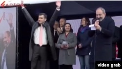 Armenia - Prime Minister Nikol Petrosian introduces Sargis Petrosian (left) during a 2018 election campaign rally in Yerevan.